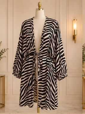 Zebra Print Long Sleeve Tie-Front Coverup - Black & White